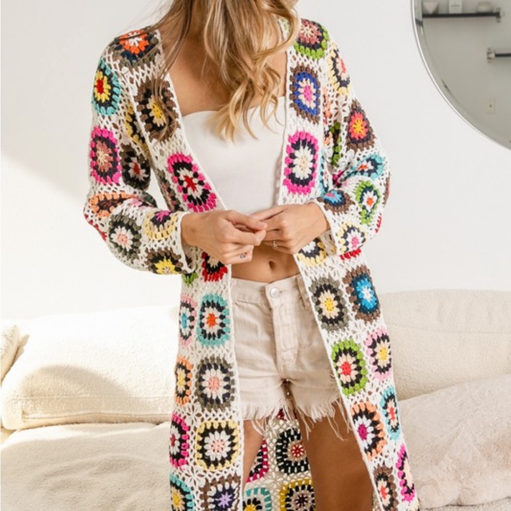 Handmade Granny Square Crochet Cardigan, swim suit cover up/ long cardig… - Picture 11 of 16